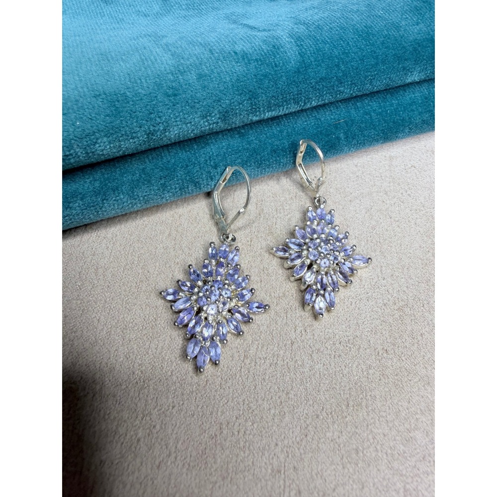 Sterling Silver Amethyst Color Cluster Leverback Dangle Earrings 1.5" - Picture 2 of 4